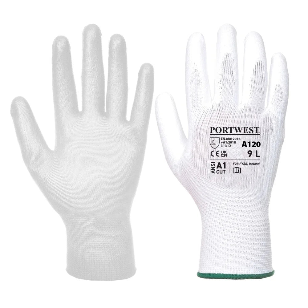 A120 Work Gloves PU Palm Dipped Abrasion and Tear Resistant White, Small-KarWorkwear